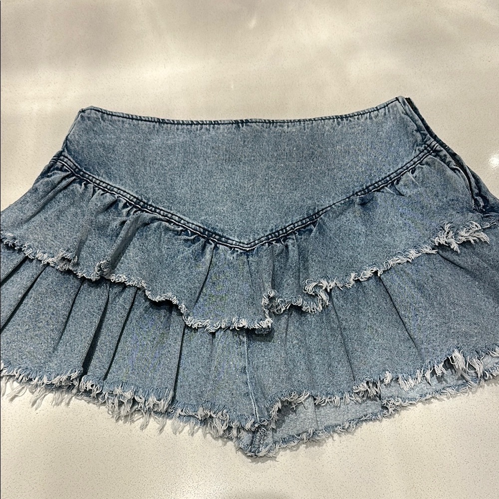 Blue Skirt with Distressed Frayed Detailing